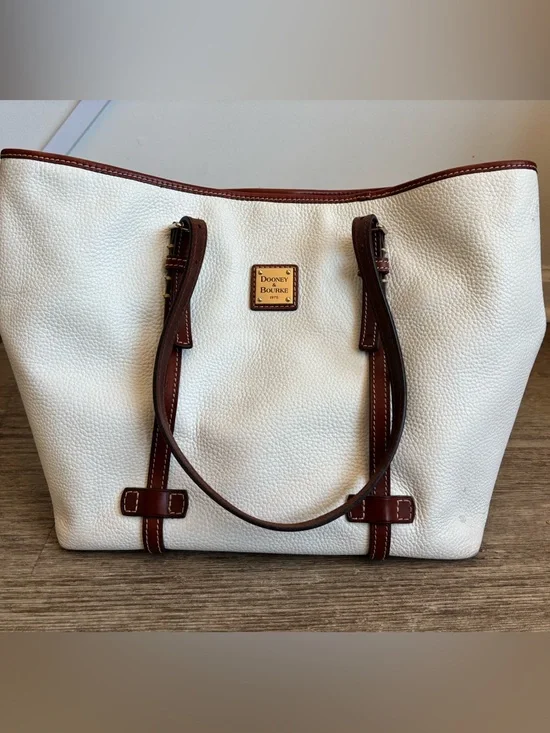 👜 Dooney & Bourke Pebbled Leather Tote Cream Brown Trim Large Shoulder Bag - Picture 2 of 9